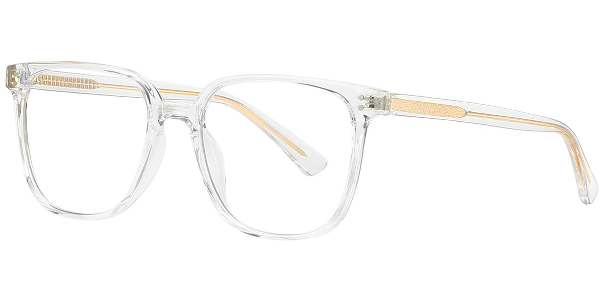 Clear acetate square eyeglasses with gold metal inner temples, shown on a plain white background.