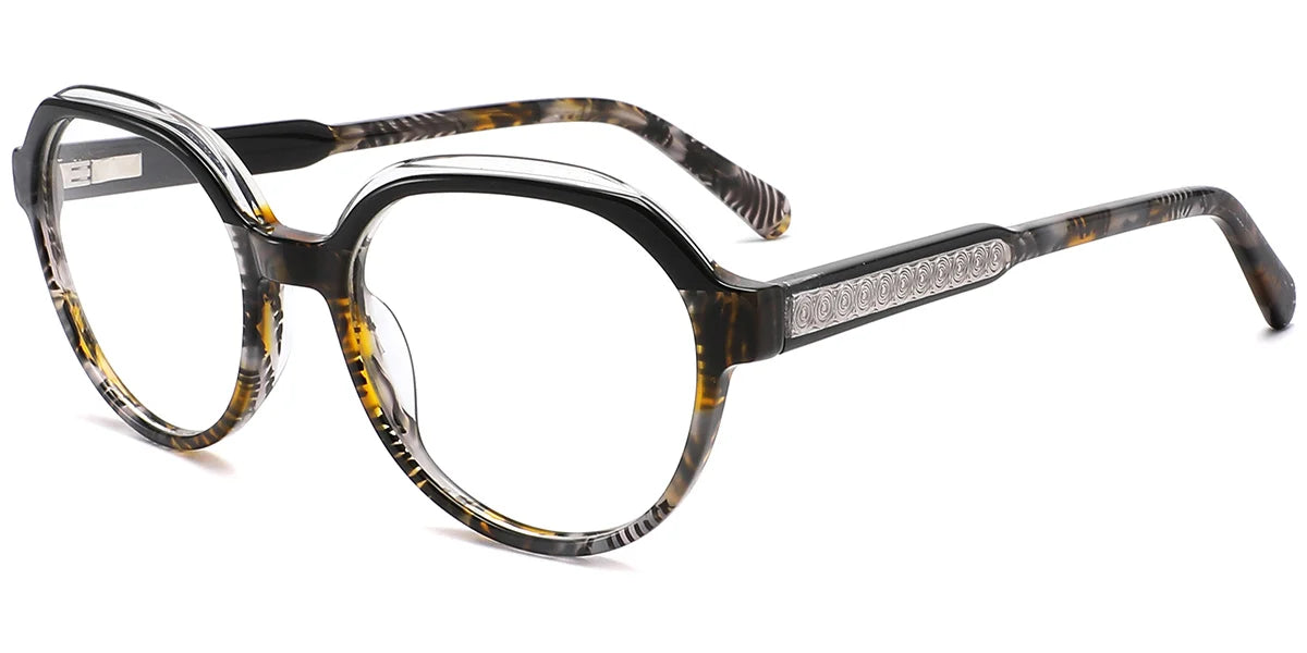 Oversized round eyeglasses with a black and tortoiseshell acetate frame, clear lenses, and a silver-tone metal brand plaque on the temple arm, shown against a plain white background.