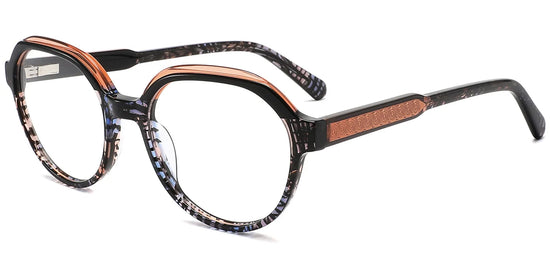 Oversized round eyeglasses with a black and brown tortoiseshell pattern, accented by copper-colored trim around the upper frame rims.