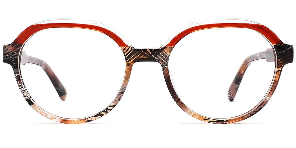 Oversized round eyeglasses with a translucent orange-red top rim and a marbled brown, black, and beige pattern around the lower rims and temples, set against a plain white background.