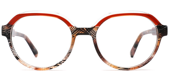 Oversized round eyeglasses with a translucent orange-red top rim and a marbled brown, black, and beige pattern around the lower rims and temples, set against a plain white background.